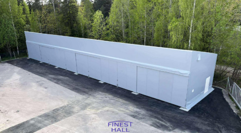 Finest-Hall Factory OÜ toodetud ja paigaldatud varikatus mõõtudega 8x42m, kõrgusega 6,8/5 meetrit SSP Group Oy-le.