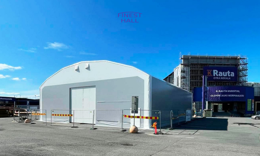 Finest-Hall Factory OÜ toodetud ja paigaldatud PVC hall mõõtudega 20x24m, kõrgusega 5,6 meetrit Kesko Oyj-le.