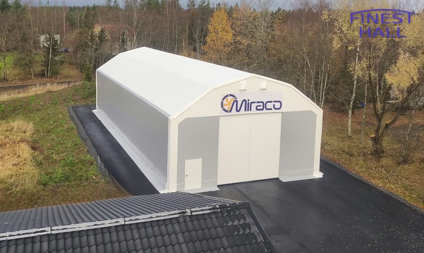 Finest-Hall Factory OÜ toodetud ja paigaldatud PVC hall mõõtudega 12x28m, kõrgusega 5m Miraco OY-le.
